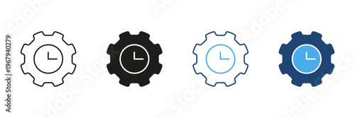 Gear With Clock Icon Set. Time Management, Efficiency, And Productivity Symbol Collection. Represents Scheduling, Automation, And Workflow Optimization. Isolated Vector Illustration