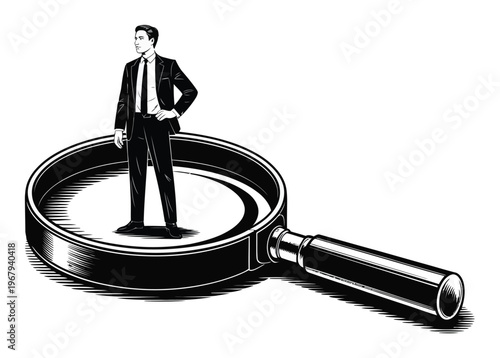 Businessman standing on a magnifying glass, symbolizing scrutiny and analysis