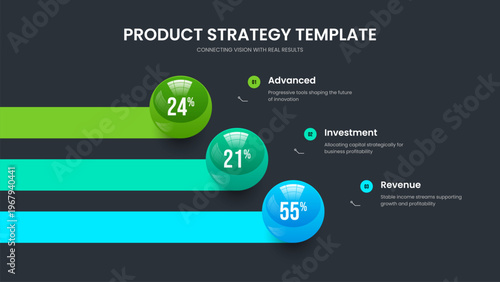 Elegant Innovation Slideshow Design Vector Illustration. Visual Showcase 3 Step Chart Slide Template. Service Development Three Option Diagram Presentation Layout.