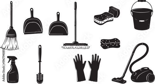 Cleaning tools and equipment for household chores and maintenance