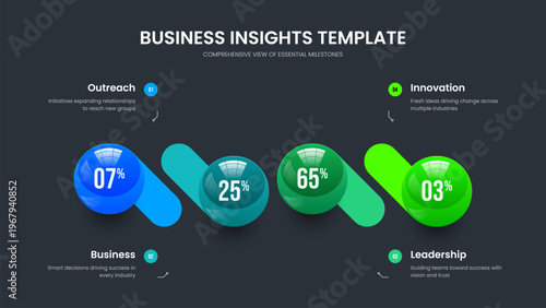 Modern Performance Four Option Infographic Slide Design. Creative Plan 4 Element Chart Slideshow Layout. Colorful Launch Frame Template Vector Illustration.