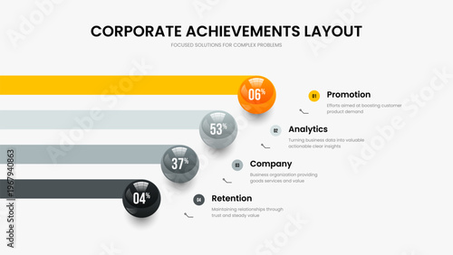 Visual Insight Four Element Infographic Presentation Design. Financial Review 4 Option Diagram Slide Layout. Investor Report Frame Template Vector Illustration.