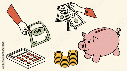 Money concept halftone art collage cut outs set. Paper clippings, hands holding 100 dollar bills, cash, golden coins, piggy bank, calculator. Modern retro mixed media vector illustration