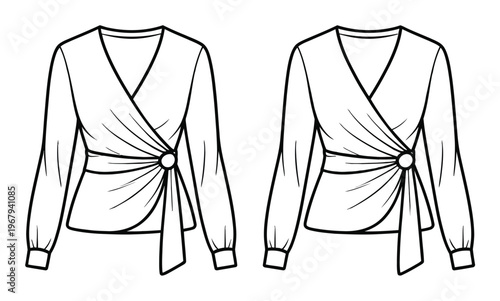 Fashion of a long-sleeved wrap blouse with a decorative ring detail