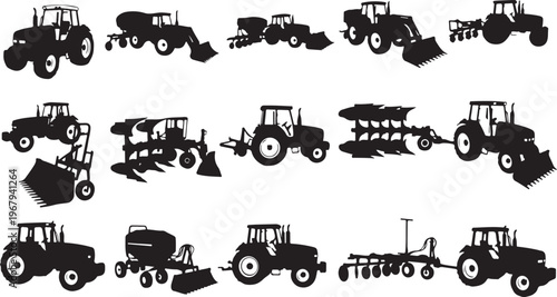Tractor Silhouettes with Various Agricultural Equipment Attachments Collection