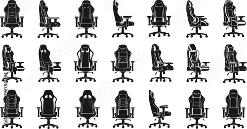 gaming chair silhouettes, office chair collection, ergonomic seating icons, swivel chairs set, furniture design, workspace equipment, modern interior illustration