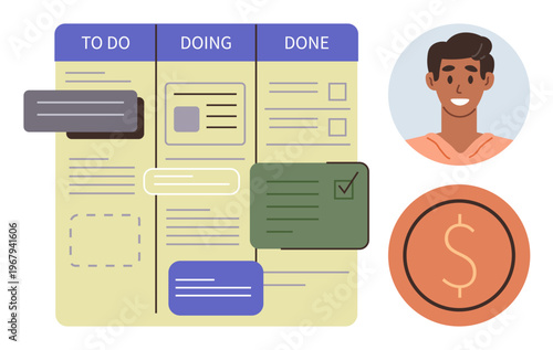 Project management, productivity tools, workflow organization, teamwork planning, task tracking, financial goals. Task board with labeled columns, person avatar and money symbol. Project management