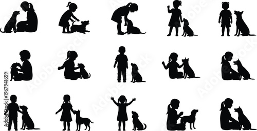 kids with dogs silhouettes set, children playing with pets, friendship bond concept, happy childhood moments, animal care, love lifestyle illustration