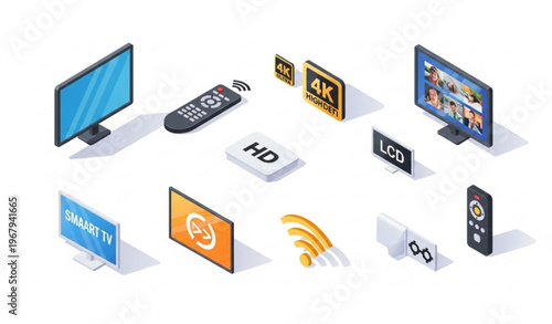 Isometric Smart TV Icons Set with Monitor, Remote, 4K Display and Streaming Features Vector Illustration