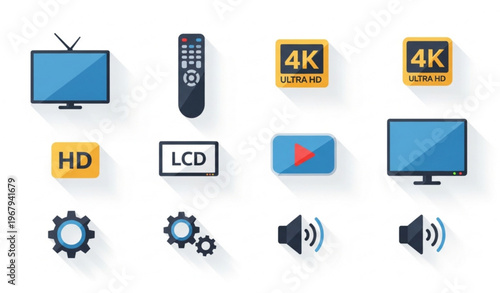 Smart TV Flat Icon Collection with Remote, Display, Streaming and Resolution Symbols Vector Pack