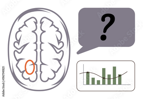 Cognitive analysis, neuroscience research, data interpretation, memory function, problem-solving, brain health. Brain graphic with question mark and chart. Cognitive analysis and neuroscience