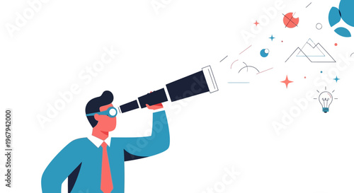 Businessman looking through telescope, visionary concept, innovation idea, futuristic thinking