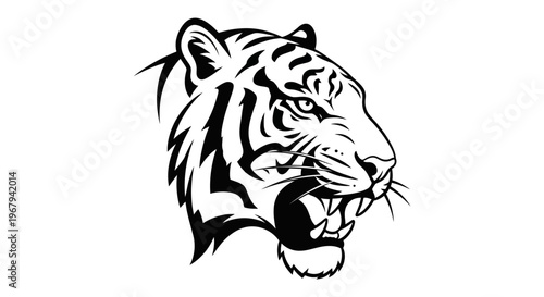 Tiger head, black and white vector, roaring animal, wildlife illustration, graphic design element