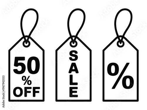 Three Sale Tags: 50% Off, Sale, and Percentage Symbol