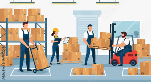 Warehouse workers, industrial laborers, loading boxes, logistics team, supply chain management