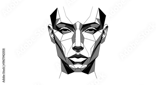 Geometric face, polygonal illustration, abstract portrait, black and white vector