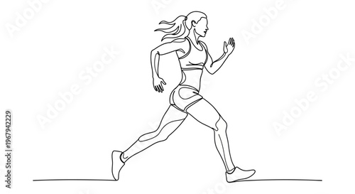 Fitness woman running, athletic female illustration, sporty line art, continuous one-line drawing