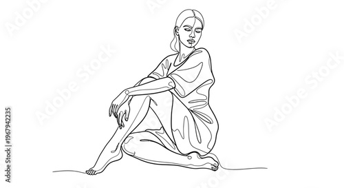 Continuous line drawing, woman sitting, minimalist illustration, black and white vector
