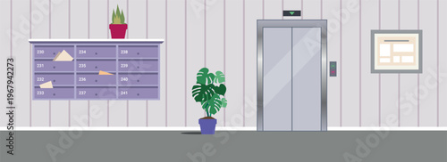Elevator lobby with closed lift door. Minimal office or apartment building hallway with wall, notice board in flat vector style.
