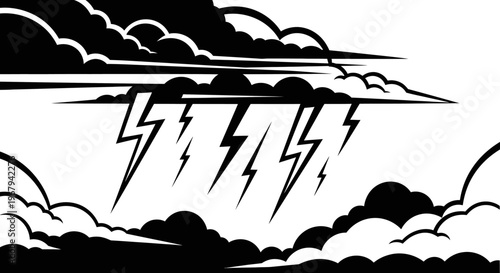 Weather, stormy clouds, lightning bolts, black and white vector graphics