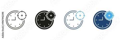 Clock With Target Icon Set. Time Management, Precision, And Goal Setting Outline And Silhouette Symbol Collection. Scheduling And Productivity Enhancement. Isolated Vector Illustration