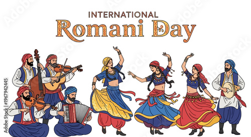 Illustration of Romani people celebrating International Romani Day with traditional music and dance in colorful attire, promoting cultural diversity and heritage awareness.