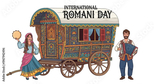 Illustration of a Romani woman and man standing beside a colorful traditional caravan on International Romani Day, promoting cultural diversity and heritage awareness with vibrant designs.