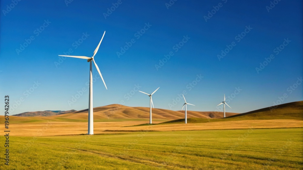 Obraz premium A row of wind turbines stands on rolling hills under a clear blue sky, generating clean energy in a vast rural landscape.