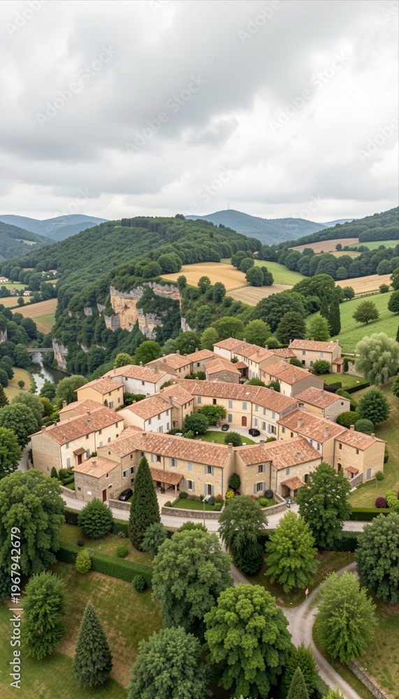 Fototapeta premium Charming French Village Aerial View with Traditional Rooftops Surrounded by Green Countryside