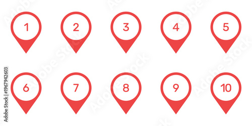 Numbered Location Pin Solid Icon Set. Sequential Navigation, Route Planning, And Geolocation Markers Silhouette Symbol Collection. Map Pointer With Numbers. Isolated Vector Illustration