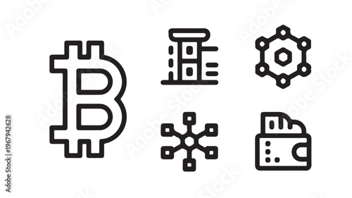 Bitcoin and Cryptocurrency Icons Set; Blockchain Technology, Digital Wallet, and Crypto Exchange Finance Symbols for Fintech and Banking Concepts