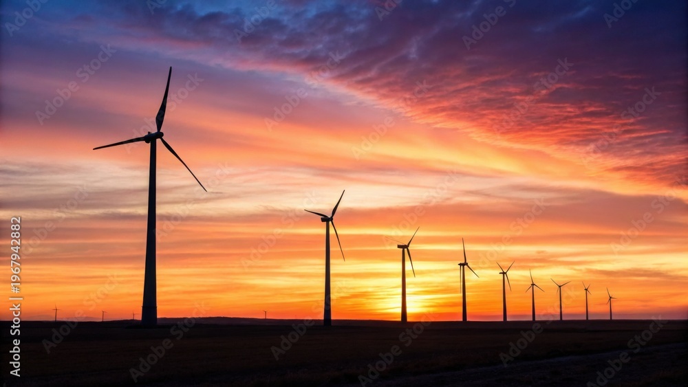 Obraz premium A row of wind turbines stands silhouetted against a vibrant orange and purple sunset sky, symbolizing renewable energy and sustainability.