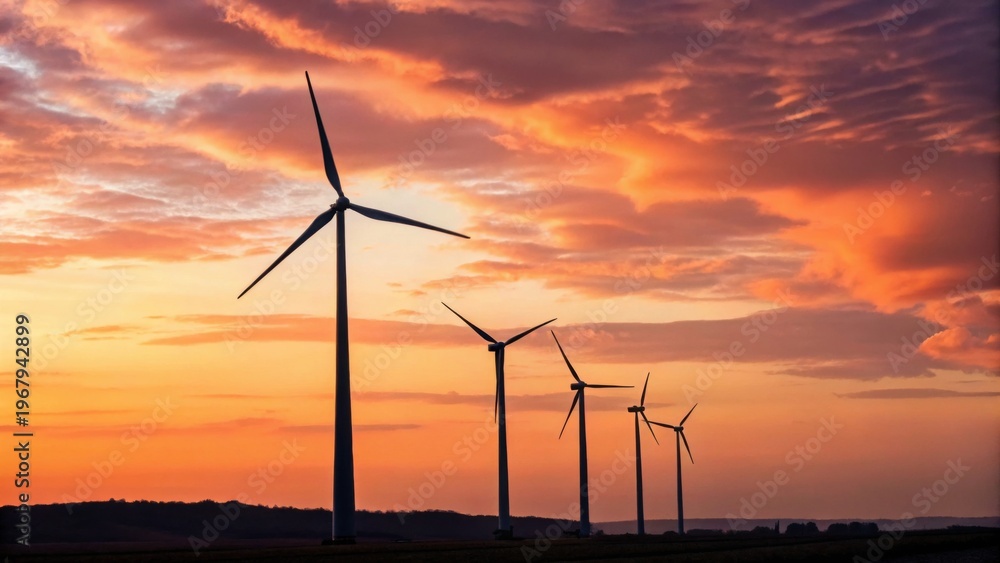 Obraz premium Wind turbines stand tall against a vibrant orange sunset sky, symbolizing renewable energy and sustainability in an open landscape.