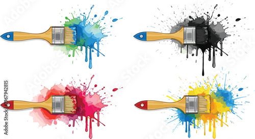 Splashing Paint Brush Icon Set with Colorful Ink Splatter in Blue, Red, Green, Yellow, and Black for Art and Design