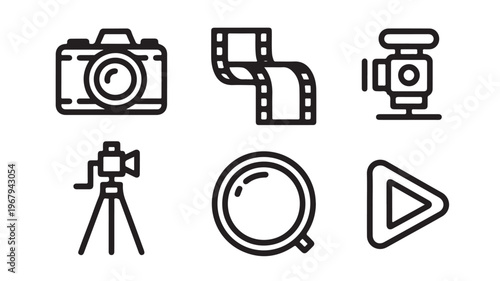 Photography and Video Production Icons; Camera Equipment, Film Recording, and Media Technology Vector Symbols for Content Creators