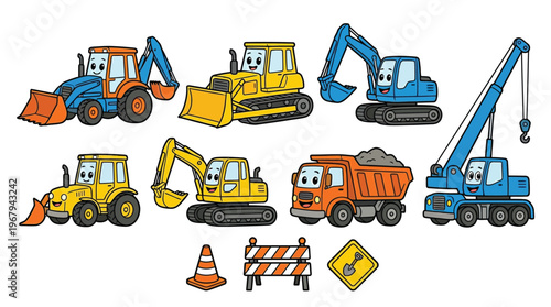 Cute Cartoon Construction Vehicles Set with Excavator Bulldozer Crane and Dump Truck for Kids Education and Playful Graphic Design