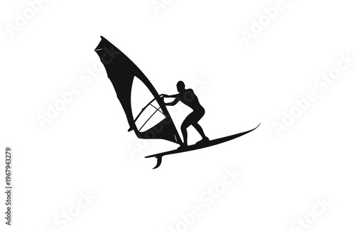 Windsurfer Silhouette Vector – Male Sailboard Action Pose Black and White Illustration