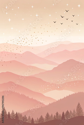Abstract pastel mountains with stars and birds in soft tones