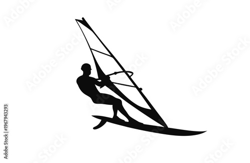 Windsurfer Silhouette Vector – Male Sailboard Action Pose Black and White Illustration