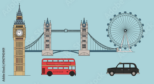 Flat vector illustration of famous London landmarks and transport including Big Ben, Tower Bridge, London Eye, double-decker bus, and black cab.