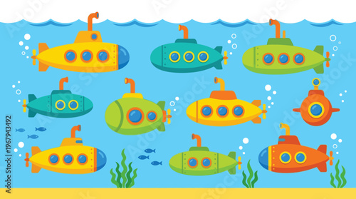 Colorful Cartoon Submarine Collection Underwater for Children Marine Education and Nautical Theme Graphic Design