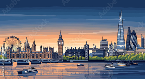 Pixel art panoramic view of London skyline at sunset with iconic landmarks reflected in the River Thames, featuring Big Ben, London Eye, and The Shard.