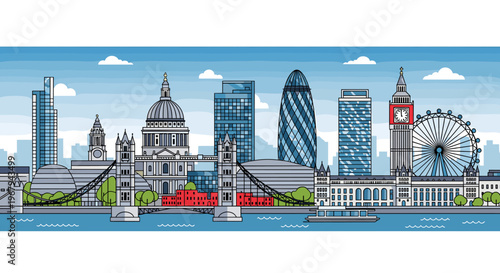 Detailed pixel art illustration of the iconic London skyline featuring famous landmarks like Tower Bridge, St. Paul's Cathedral, Big Ben, and the London Eye along the River Thames.