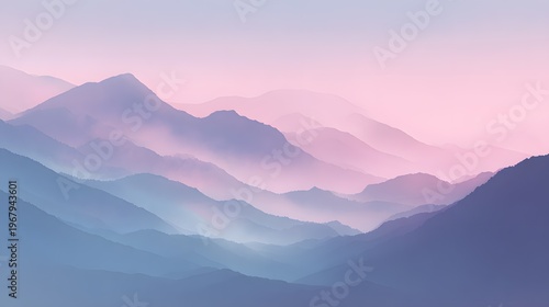 Misty mountain abstract background, soft fog layers, pastel tones, dreamy minimal landscape.