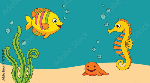 Colorful Cartoon Sea Life Illustration Featuring Fish Seahorse and Seal in Underwater Ocean Background for Kids Education