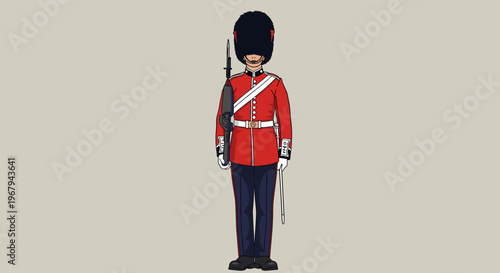 A detailed illustration of a British Royal Guard soldier in full ceremonial uniform, standing at attention with a rifle.
