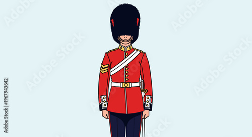 Illustration of a British Royal Guard in a red uniform and tall black bearskin hat, standing at attention.