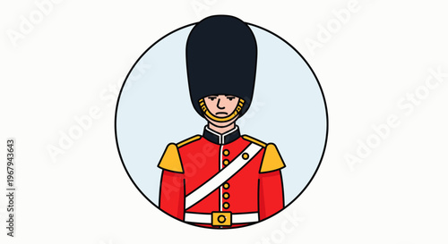 Illustration of a British Royal Guard in a tall black bearskin hat and a red uniform with gold epaulets.