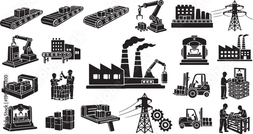 Industrial icons and symbols for manufacturing and construction industry