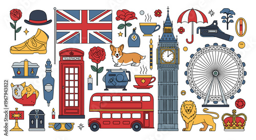 A vibrant collection of iconic British symbols and elements, including the Union Jack flag, red double-decker bus, telephone booth, Big Ben, London Eye, corgi, and crown.
